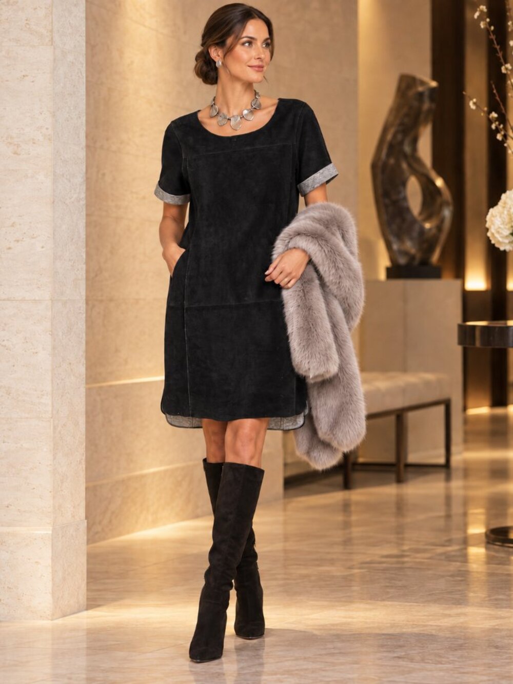 Vince 100% Goat Suede Leather Shift Dress Black Gray Size Small